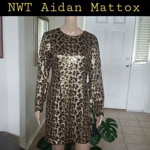 NWT Aidan Mattox 8 cheetah print gold sequin metallic long sleeve cocktail dress